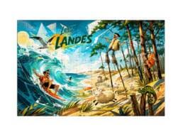Carte puzzle souvenir surf Landes avec surfeur, vague, plage, pins et personnages illustrés
