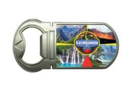 Magnet ouvre-bouteille souvenir Île de La Réunion avec volcan, cascades et lagon