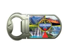 Magnet ouvre-bouteille souvenir Île de La Réunion avec volcan, cascades et lagon