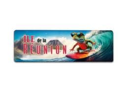 Magnet panorama souvenir Île de La Réunion avec margouillat faisant du surf