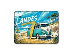 Magnet rectangle souvenir Landes avec combi rétro, planche de surf, plage, dunes et pins