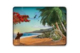 Magnet rectangle souvenir Île de La Réunion avec plage, cocotiers et surfeur