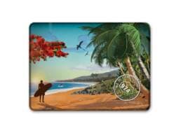 Magnet rectangle souvenir Île de La Réunion avec plage, cocotiers et surfeur