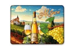 Magnet rectangle souvenir Alsace avec vignobles, bouteille de vin et verres