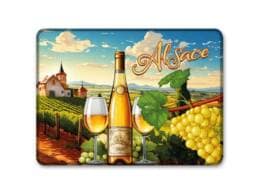 Magnet rectangle souvenir Alsace avec vignobles, bouteille de vin et verres