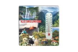 Magnet thermomètre souvenir Île de La Réunion avec cascades, volcan, montagnes et cases créoles
