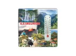 Magnet thermomètre souvenir Île de La Réunion avec cascades, volcan, montagnes et cases créoles