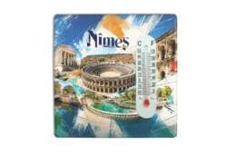 Magnet thermomètre souvenir Nîmes illustré des Arènes et des monuments emblématiques de la ville