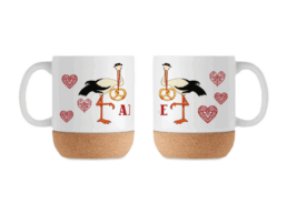 Mug base liège souvenir Alsace avec cigogne, bretzel et cœurs alsaciens