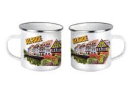 Mug fer émaillé souvenir Alsace avec maisons à colombages et canal