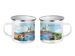 Mug fer émaillé souvenir Marseille illustré du Vieux-Port et de Notre-Dame de la Garde