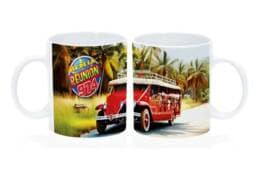 Mug standard souvenir Île de La Réunion avec car courant d'air rouge et décor tropical