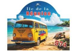 Plaque de rue métal souvenir Île de La Réunion avec combi vintage jaune sur une plage