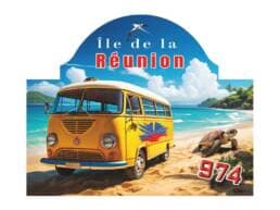 Plaque de rue métal souvenir Île de La Réunion avec combi vintage jaune sur une plage