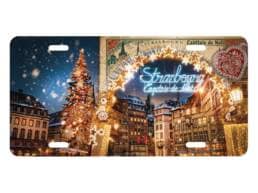 Plaque immatriculation souvenir Strasbourg avec illuminations de Noël et centre historique