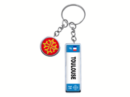 Porte-clés double souvenir Toulouse avec croix occitane et plaque d'immatriculation