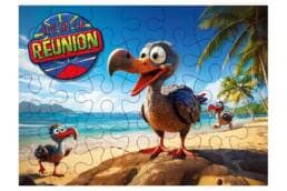 Puzzle 100 pièces souvenir Île de La Réunion avec dodo humoristique sur une plage