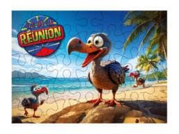 Puzzle 100 pièces souvenir Île de La Réunion avec dodo humoristique sur une plage