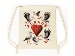 Sac pochon souvenir Alsace avec cigognes et cœur alsacien