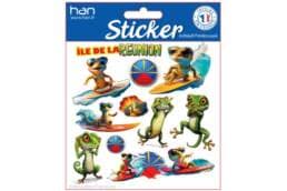 Planche de stickers souvenir Île de La Réunion avec margouillats et illustrations humoristiques